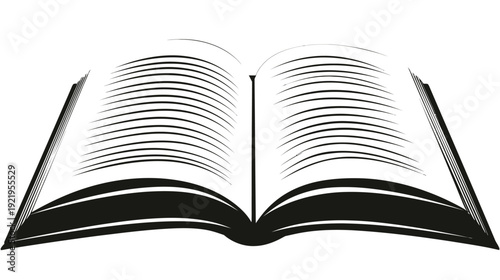 Black and white illustration of an open book with visible pages and a white background