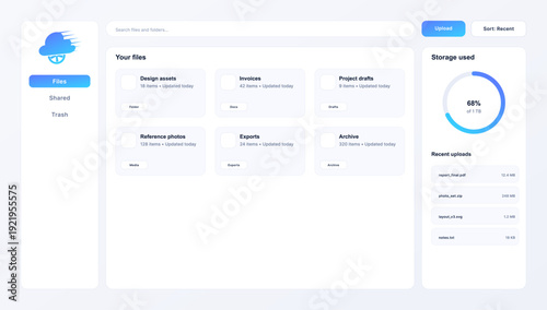Cloud Storage File Manager Dashboard UI with Upload and Usage. Clean cloud storage dashboard UI with folder cards, search bar, upload button, storage usage ring. Vector UI, UX, Web, dashboard