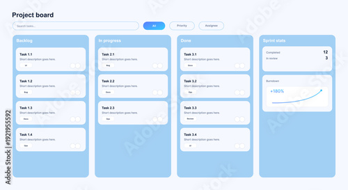 Project Board Kanban Dashboard UI with Sprint Stats. Light project management kanban board UI with backlog, in progress, done columns, task cards, filters, search bar. Vector UI dashboard template