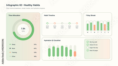 Healthy Habits Dashboard Infographic with Routine Trackers. Minimal wellness dashboard infographic showing sleep time allocation, habit timeline, weekly streak, hydration progress. UI dashboard app