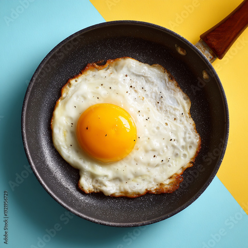Top view photography of a frying pan with a sunny side up with runny yolk