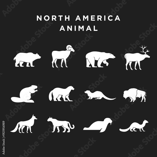 North America Animal Silhouettes Set: White Wildlife Icons on Black Background