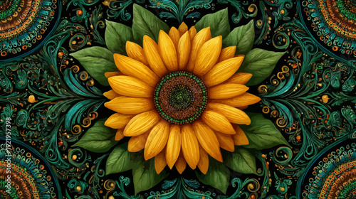 A vibrant artistic illustration of a sunflower, surrounded by ornate turquoise and green patterns