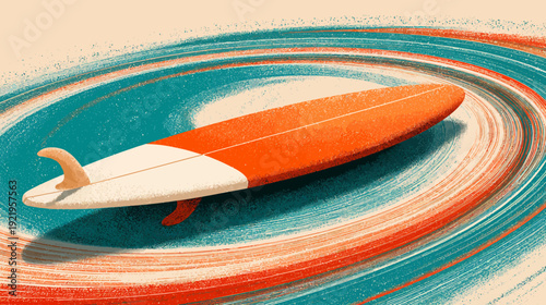 A surfboard, orange and white, rests on a stylized swirling ocean of blue and red