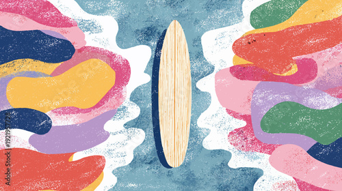 Colorful, textured illustration of a surfboard floating on ocean waves, with abstract, organic shapes