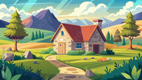 A rustic countryside farm featuring a traditional stone cottage surrounded by open natural terrain clean minimal vector illustration peaceful rural setting