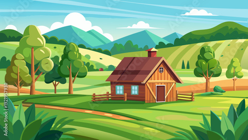 A simple green countryside farm with a small wooden cottage surrounded by open grassland clean minimal vector illustration peaceful rural atmosphere