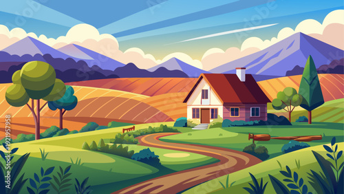 A peaceful rural farm scene with a traditional cottage in open land distant hills create depth minimal flat vector illustration calm countryside environment