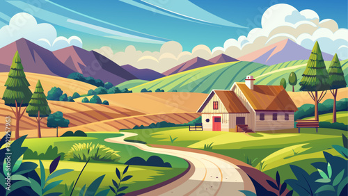 A peaceful rural farm scene with a traditional cottage in open land distant hills create depth minimal flat vector illustration calm countryside environment