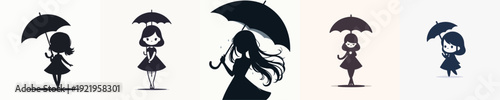 Silhouette Cute Girl Holding Umbrella Vector Illustration