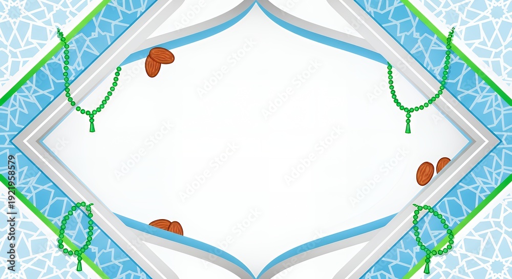 Obraz premium Islamic frame background with geometric pattern prayer beads and almonds for Ramadan Eid al Fitr Muslim holiday greetings