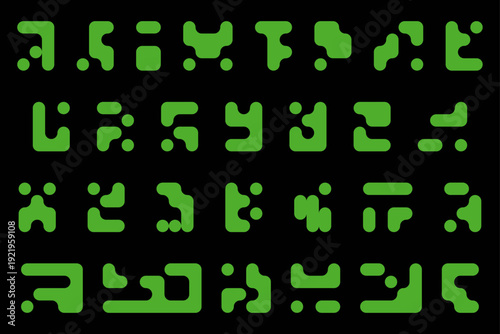 Alien Hieroglyphs Sci-Fi Alphabet. Computer generated Green vector set for Gaming HUD, Matrix technology, Hacker concept. Futuristic unreadable symbols for UI/UX, tech logos, digital encryption.