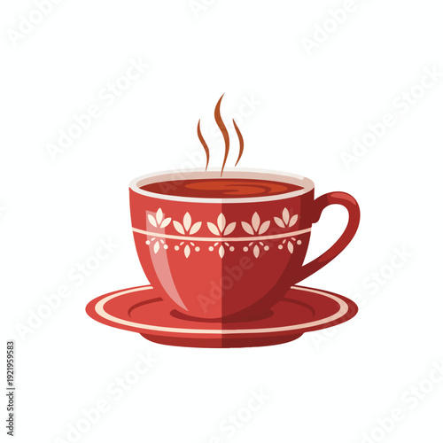 Steaming Red Cup of Coffee on a Saucer