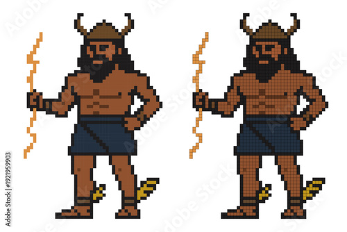 Zeus holding a lightning bolt in a pixel art style, depicted in a playful manner, inspired by classic video games and mythology themes