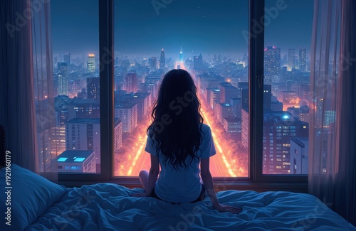 Woman sits on bed, looks at city lights at night. She has many thoughts, cant sleep in bedroom. Urban skyline outside window. Blue, orange colors.