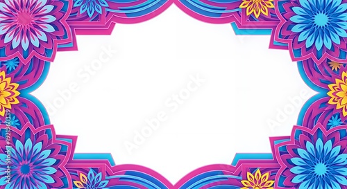 Vibrant layered paper cut floral frame border showcasing intricate mandala inspired patterns in vivid magenta blue and yellow colors with copy space