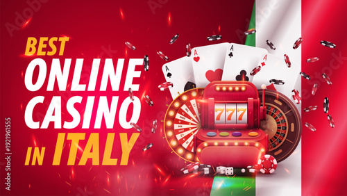 Best online casinos in Italy, red banner with a flag of Italy, slot machine, lottery, roulette, playing cards and poker chips