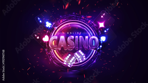 Elegant neon casino club logo with a neon swirl of particles, aces, dice and sparks of fire. Luxury sign for gambling websites, poker promotions, and premium casino branding