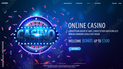 Blue web banner for online casino with a blue sign with roulette and chips. The banner has a 3D effect