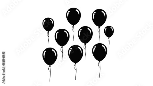 Vector illustration of group of black balloons floating with strings on a transparent background