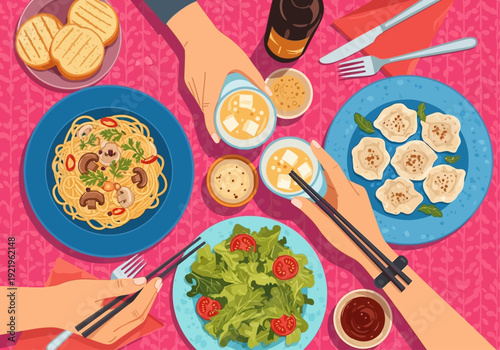 Colorful Top View Dinner Table with Pasta, Salad, Dumplings and Toast Illustration