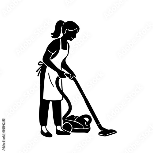 Woman Cleaning Floor with Vacuum Cleaner Silhouette Vector Illustration