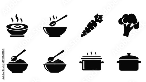 Vector illustration of set of cooking and food icons soup, vegetables, and pots in black silhouette style on a transparent background