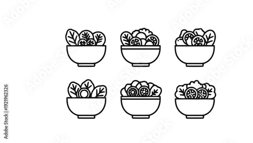 Vector illustration of set of six salad bowls with greens and vegetables outline icons on a transparent background