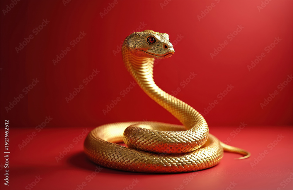 Fototapeta premium Golden snake coiled on vibrant red surface. A symbol of Chinese New Year and zodiac, it exudes elegance and good fortune. Perfect for festive holiday designs.