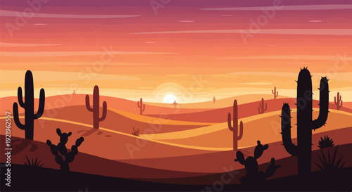 A vibrant desert landscape at sunset with silhouetted saguaro cacti and rolling sand dunes under an orange and purple sky.
