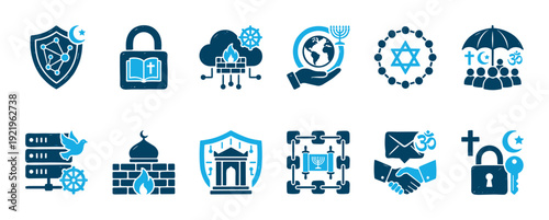 Set of blue two-tone icons combining religious symbols like the cross, crescent, and menorah with modern technology and security concepts like shields, locks, and firewalls