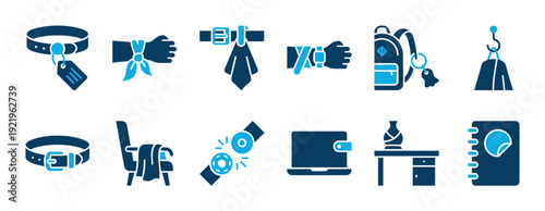 Collection of two-tone blue icons representing personal belongings and everyday objects for a lost and found concept, including a collar, watch, backpack, and wallet in a clean glyph style