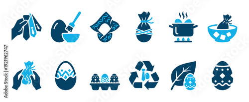 Set of blue two-tone icons illustrating the step-by-step process of dyeing Easter eggs using silk ties, a creative and eco-friendly DIY holiday craft