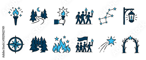 Blue and black hand-drawn icon collection symbolizing leadership, exploration, and guidance, featuring a torch, compass, forest path, stars, and marching people