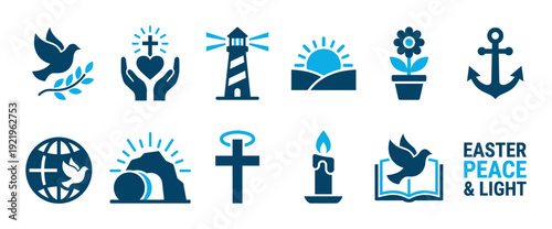 Set of blue Christian religious icons for Easter celebration, featuring a dove, cross, empty tomb, anchor, and lighthouse representing peace, light, and hope in a flat vector style