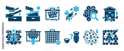 Beekeeping and honey production icon set showing apiculture processes like hive management, pollination, honeycomb inspection, and queen bee care in a flat two-color design