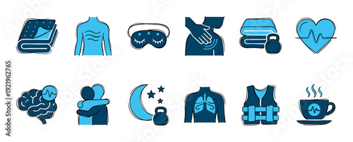 Set of hand-drawn health and wellness icons in a sketchy blue doodle style representing sleep, fitness, mental health, relaxation, and self-care concepts for a balanced lifestyle
