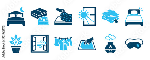 Collection of blue glyph icons representing sleep hygiene, bedtime rituals, and home comfort, including symbols for cleaning, ventilation, fresh laundry, and relaxation