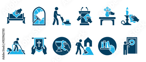 Set of blue church cleaning icons showing maintenance tasks like polishing pews, washing windows, and vacuuming floors in a simple flat vector style