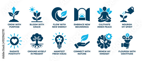 Set of twelve blue motivational icons representing personal growth, mindfulness, and well-being with inspirational phrases like grow with purpose and cultivate inner peace