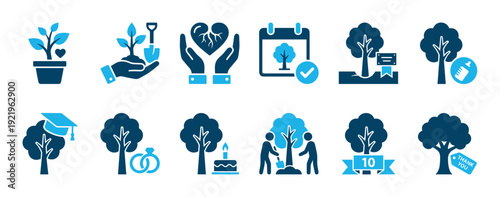 Tree planting and life milestone icon collection in a blue two-tone style, symbolizing growth, celebration, anniversaries, gratitude, and environmental conservation