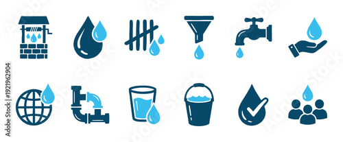 Set of blue water resource and conservation icons in a simple hand-drawn style, featuring a well, faucet, pipes, drops, and filtration symbols for environmental concepts