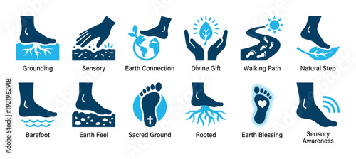 Grounding and earthing icon set with feet, hands, and nature symbols for wellness and spirituality concepts, a collection of blue vector pictograms showing earth connection and sensory awareness