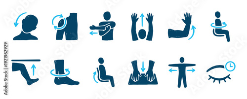 Blue hand-drawn icon set illustrating simple office exercises and stretching for workplace wellness, ergonomic health, and preventing sedentary strain