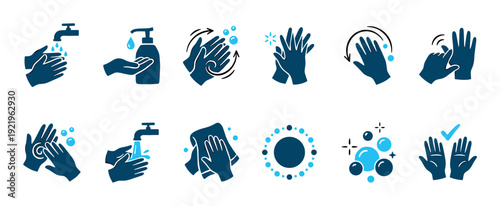Hand washing instruction icon set showing the correct procedure for hygiene with soap, water, and drying for disease prevention and personal cleanliness