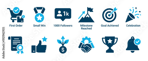 Set of blue business achievement icons representing milestones like first order, reaching goals, winning awards, and gaining followers in a flat vector style