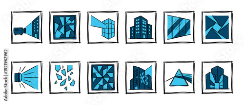 Collection of twelve hand-drawn blue icons showing projection mapping on buildings, modern architecture, light refraction, and abstract geometric forms in a sketchy doodle style