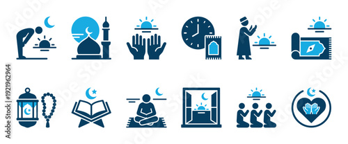 Set of blue Islamic prayer and Ramadan icons showing a mosque, Quran, praying person, lantern, and prayer beads in a flat glyph style representing religious rituals