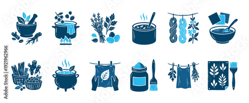 Set of blue linocut style icons illustrating the process of natural fabric dyeing with plants, herbs, roots, and tools for eco-printing and handmade textile crafts