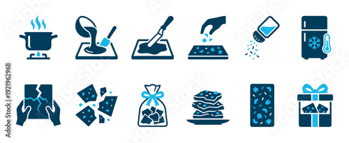 Blue cooking and baking recipe icon set showing step by step instructions for making homemade chocolate bark or candy brittle dessert as a gift